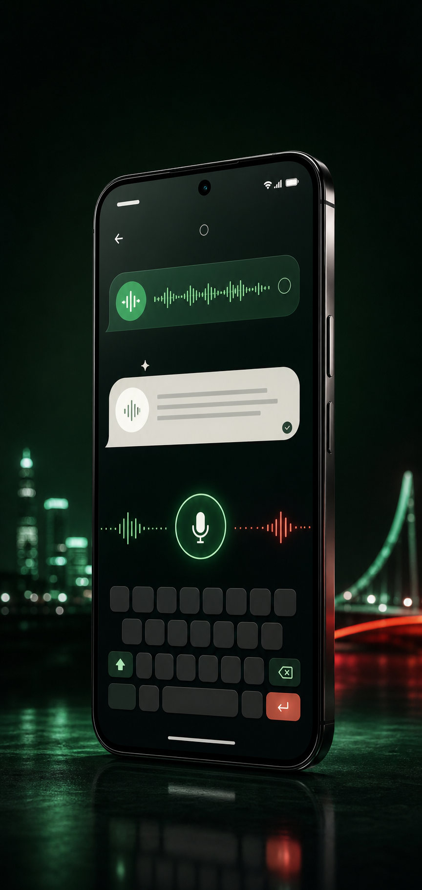 A phone showing a voice waveform, English message preview, and keyboard